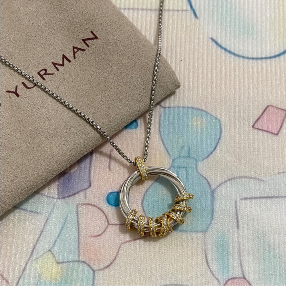 David Yurman Two-Tone Diamond Circle Necklace - Silver & Gold